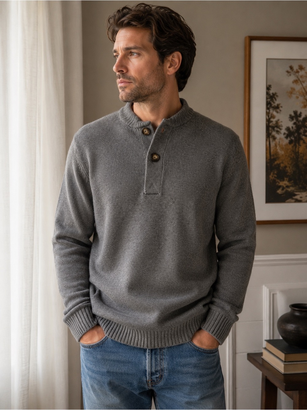 Eddie Bauer Men's Grey Cotton Two-Button Crewneck Sweater